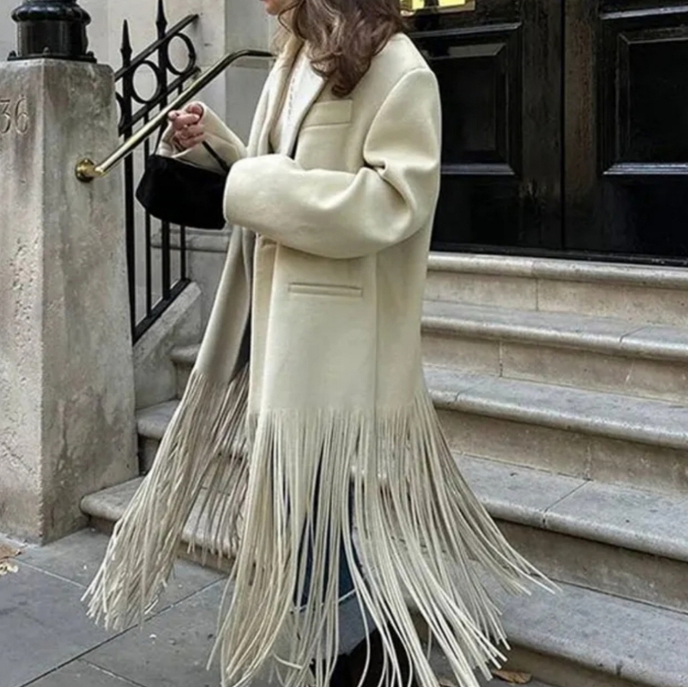 Tassel Apricot Women's Coat Elegant Autumn Long Sleeve Lapel Female Coats 2025 - Picture 2 of 6